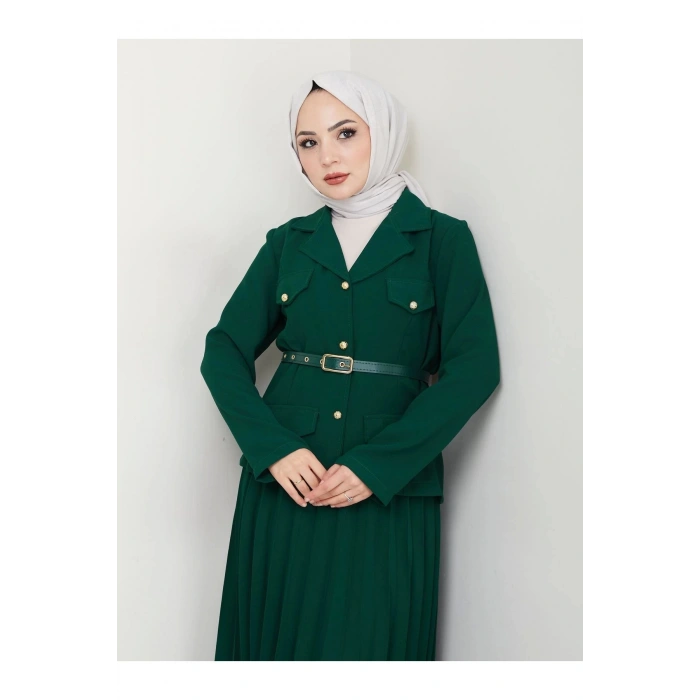 PİLELİ ETEKLI CEKETLI GOLD DÜĞMELİ KEMERLİ BLAZER TESETTÜR TAKIM ZÜMRÜT 806
