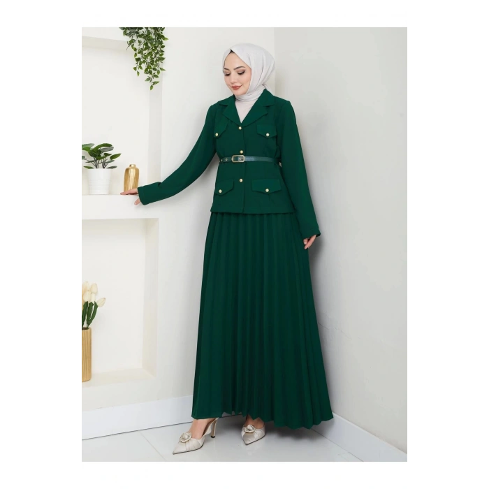 PİLELİ ETEKLI CEKETLI GOLD DÜĞMELİ KEMERLİ BLAZER TESETTÜR TAKIM ZÜMRÜT 806