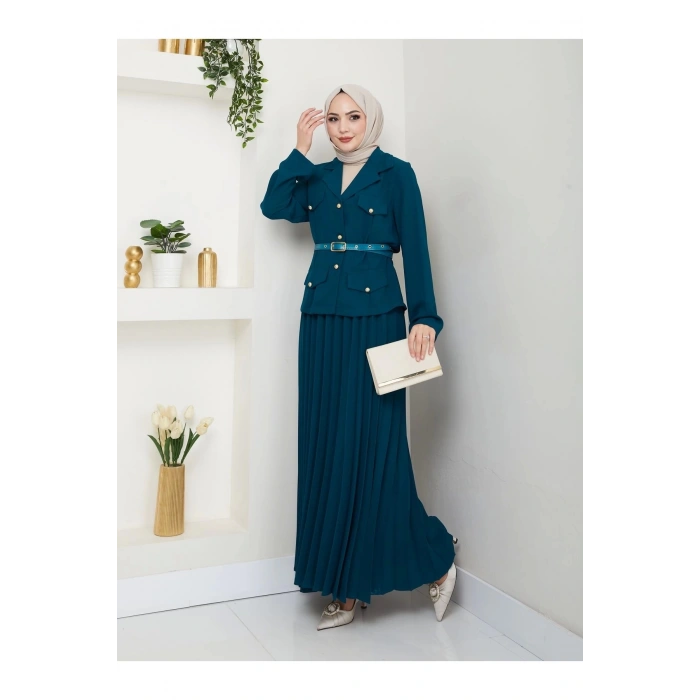 PİLELİ ETEKLI CEKETLI GOLD DÜĞMELİ KEMERLİ BLAZER TESETTÜR TAKIM İNDİGO 806