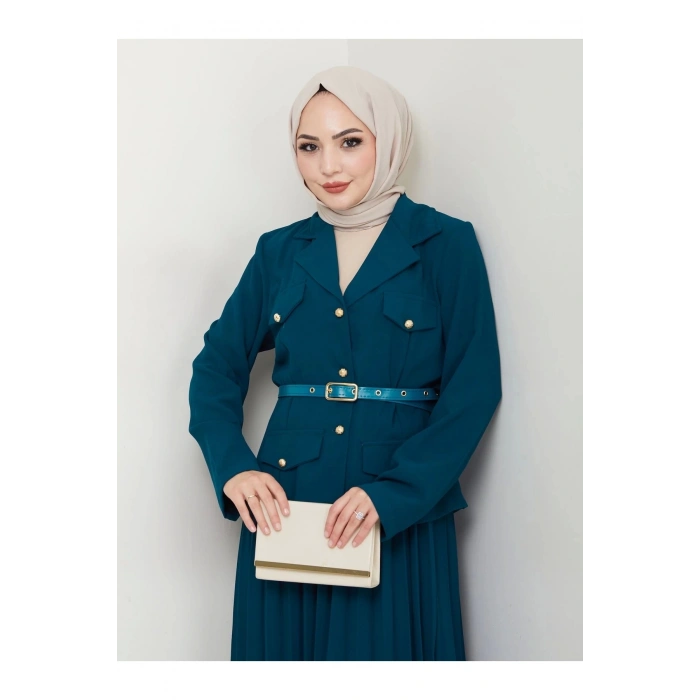 PİLELİ ETEKLI CEKETLI GOLD DÜĞMELİ KEMERLİ BLAZER TESETTÜR TAKIM İNDİGO 806
