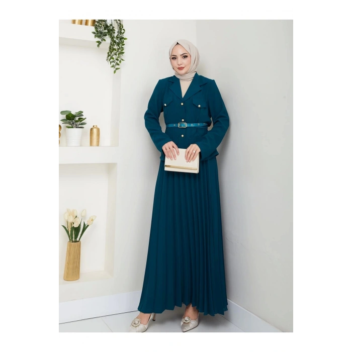 PİLELİ ETEKLI CEKETLI GOLD DÜĞMELİ KEMERLİ BLAZER TESETTÜR TAKIM İNDİGO 806