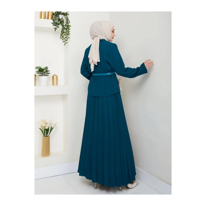 PİLELİ ETEKLI CEKETLI GOLD DÜĞMELİ KEMERLİ BLAZER TESETTÜR TAKIM İNDİGO 806