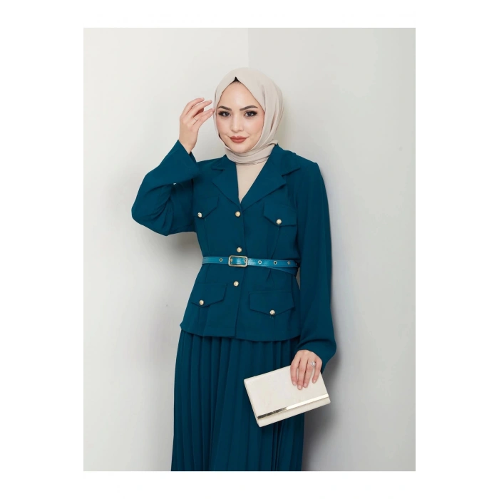 PİLELİ ETEKLI CEKETLI GOLD DÜĞMELİ KEMERLİ BLAZER TESETTÜR TAKIM İNDİGO 806