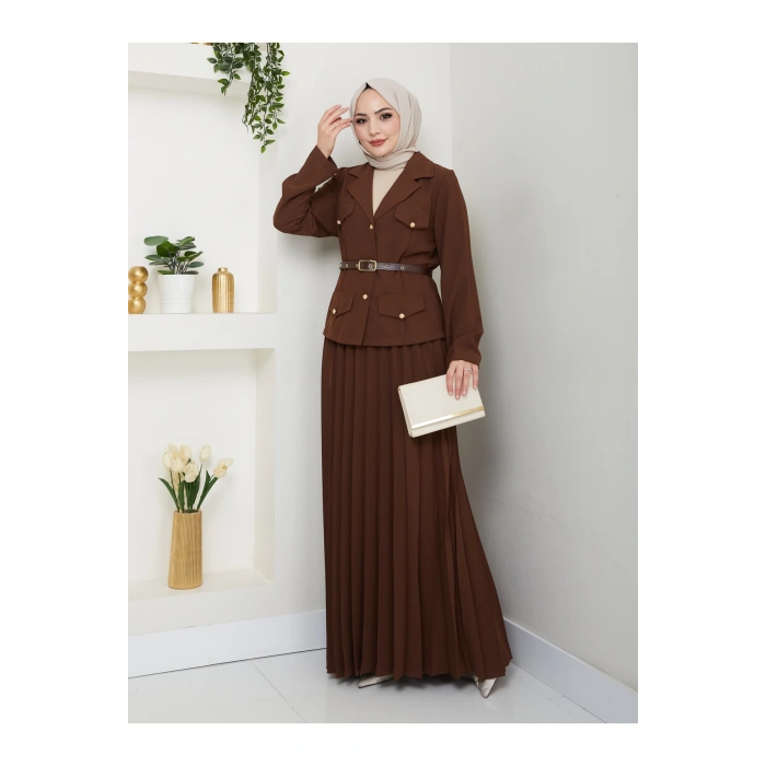 PİLELİ ETEKLI CEKETLI GOLD DÜĞMELİ KEMERLİ BLAZER TESETTÜR TAKIM KAHVE 806