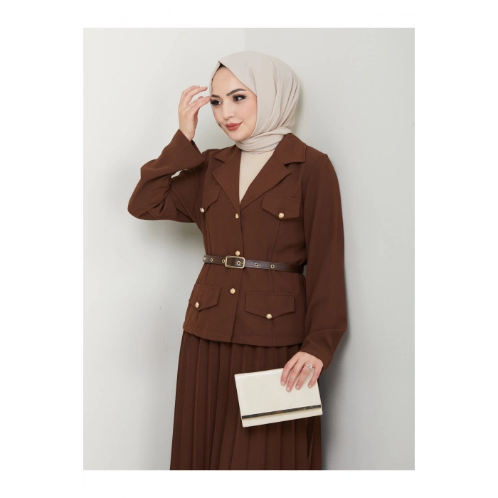 PİLELİ ETEKLI CEKETLI GOLD DÜĞMELİ KEMERLİ BLAZER TESETTÜR TAKIM KAHVE 806
