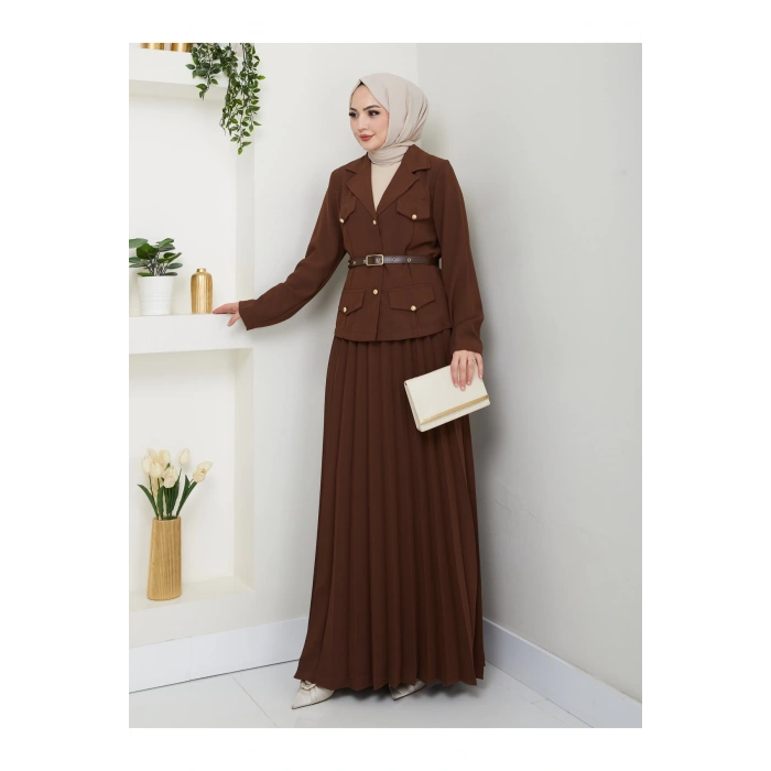 PİLELİ ETEKLI CEKETLI GOLD DÜĞMELİ KEMERLİ BLAZER TESETTÜR TAKIM KAHVE 806