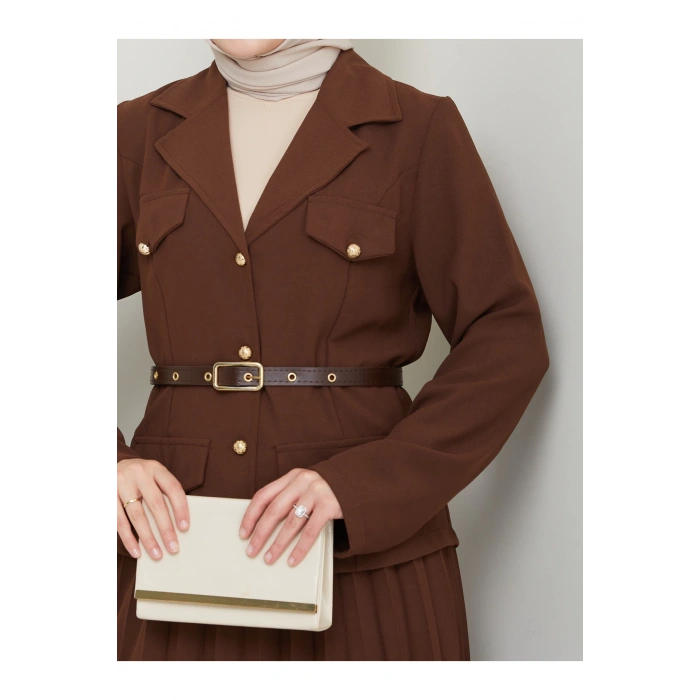 PİLELİ ETEKLI CEKETLI GOLD DÜĞMELİ KEMERLİ BLAZER TESETTÜR TAKIM KAHVE 806