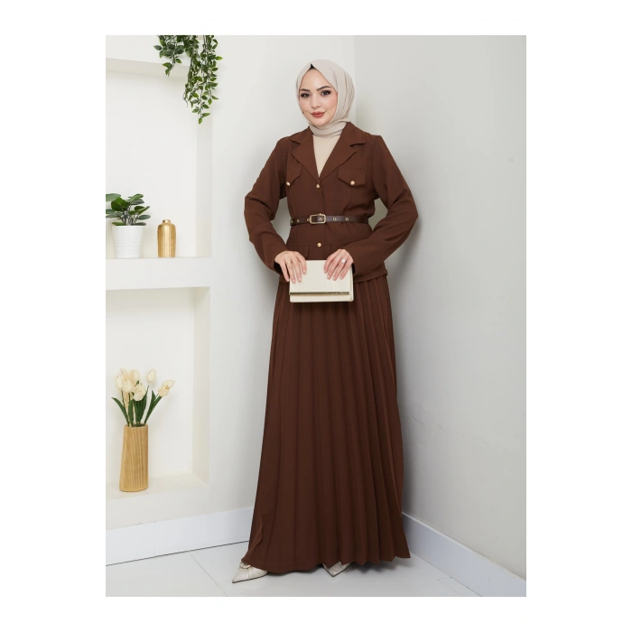 PİLELİ ETEKLI CEKETLI GOLD DÜĞMELİ KEMERLİ BLAZER TESETTÜR TAKIM KAHVE 806