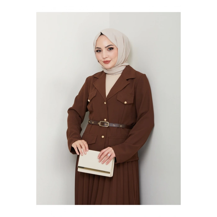 PİLELİ ETEKLI CEKETLI GOLD DÜĞMELİ KEMERLİ BLAZER TESETTÜR TAKIM KAHVE 806