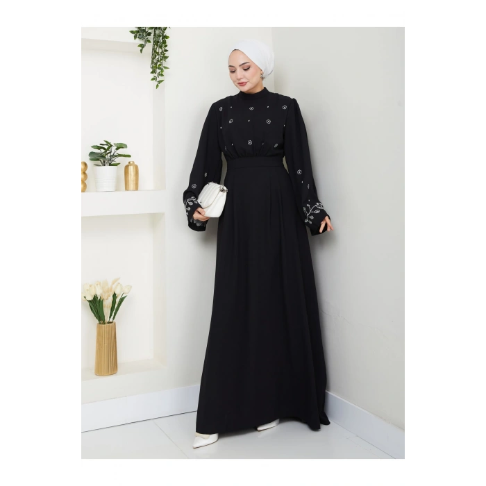 KADIN TESETTÜR NAKİŞLİ ELBİSE BALAMALI