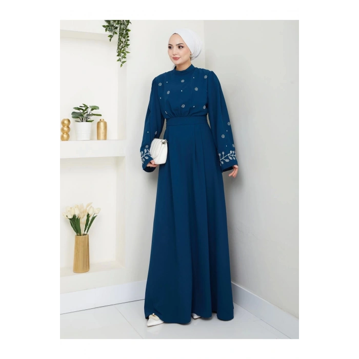 KADIN TESETTÜR NAKİŞLİ ELBİSE BALAMALI