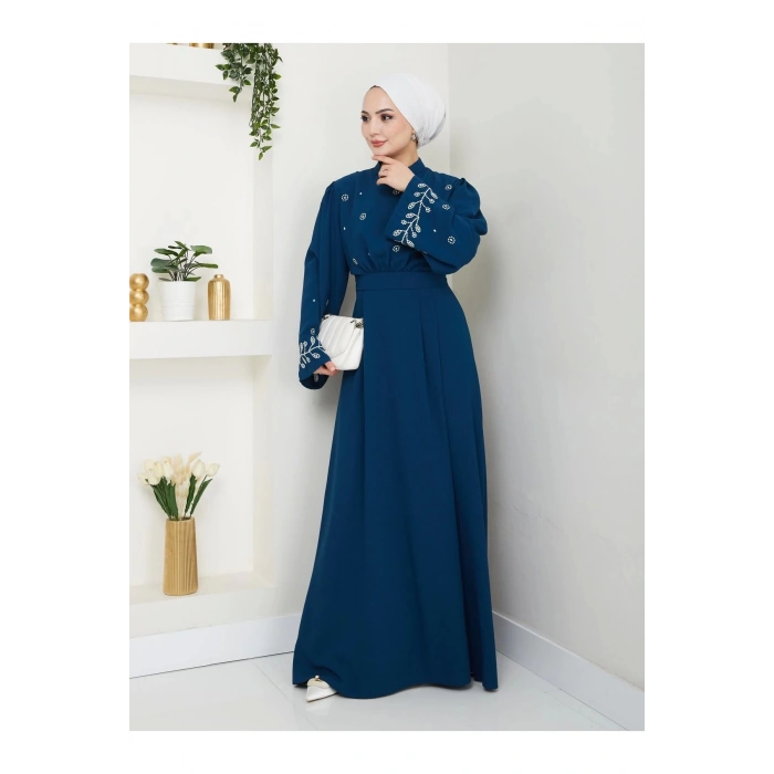 KADIN TESETTÜR NAKİŞLİ ELBİSE BALAMALI