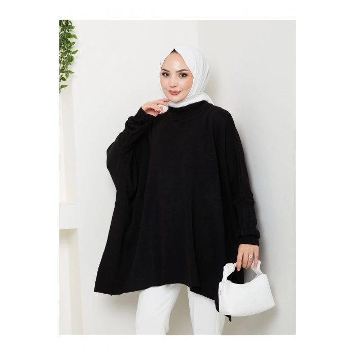 KADIN TESETTÜR TRİKO OVERSİZE KAZAK YANLARI YIRTMAÇLI SİYAH