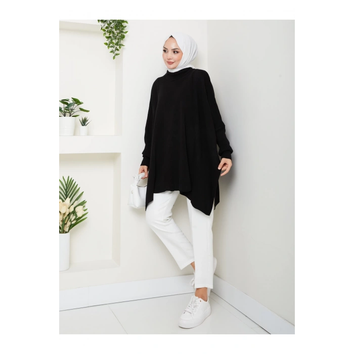 KADIN TESETTÜR TRİKO OVERSİZE KAZAK YANLARI YIRTMAÇLI SİYAH