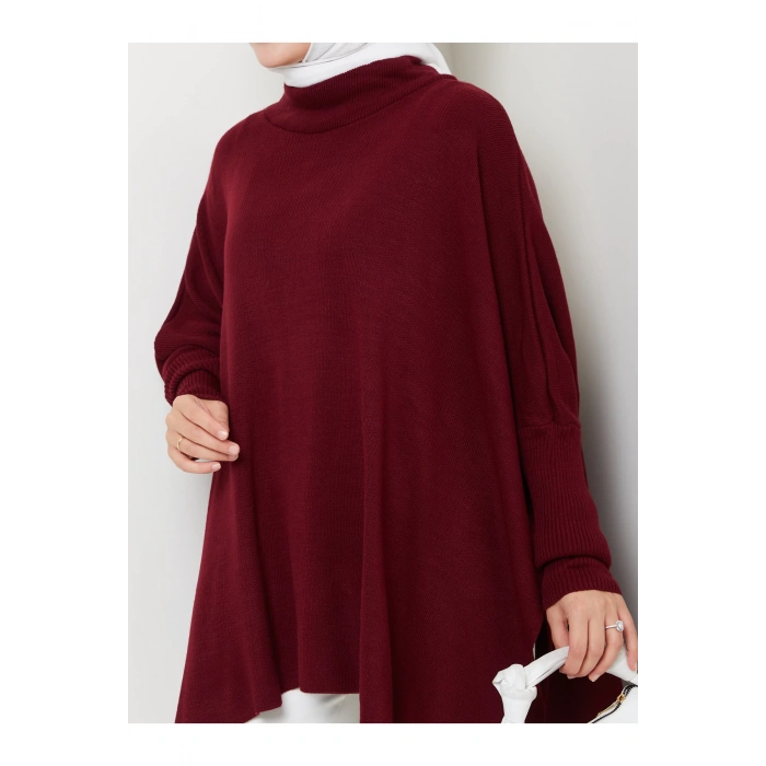 KADIN TESETTÜR TRİKO OVERSİZE KAZAK YANLARI YIRTMAÇLI BORDO