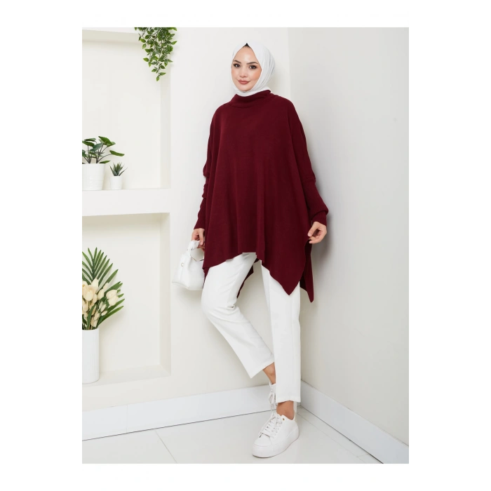 KADIN TESETTÜR TRİKO OVERSİZE KAZAK YANLARI YIRTMAÇLI BORDO