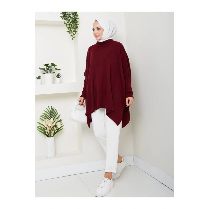 KADIN TESETTÜR TRİKO OVERSİZE KAZAK YANLARI YIRTMAÇLI BORDO