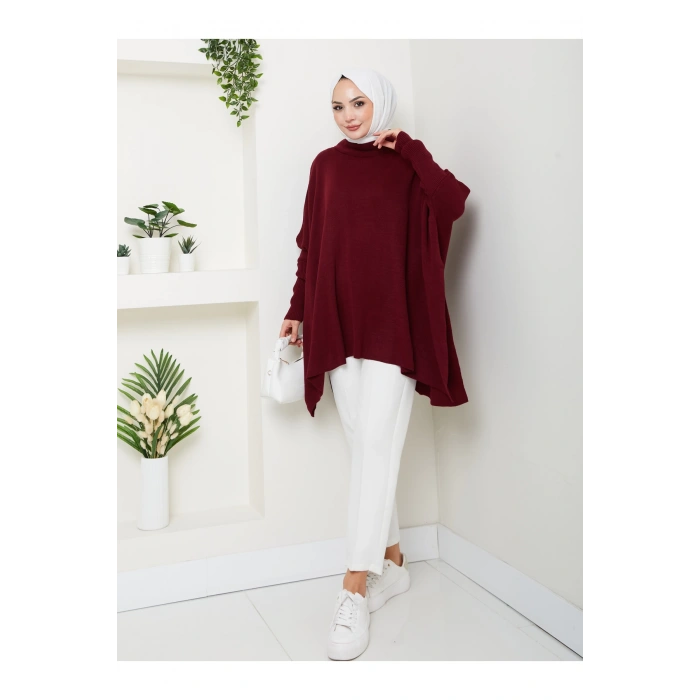 KADIN TESETTÜR TRİKO OVERSİZE KAZAK YANLARI YIRTMAÇLI BORDO