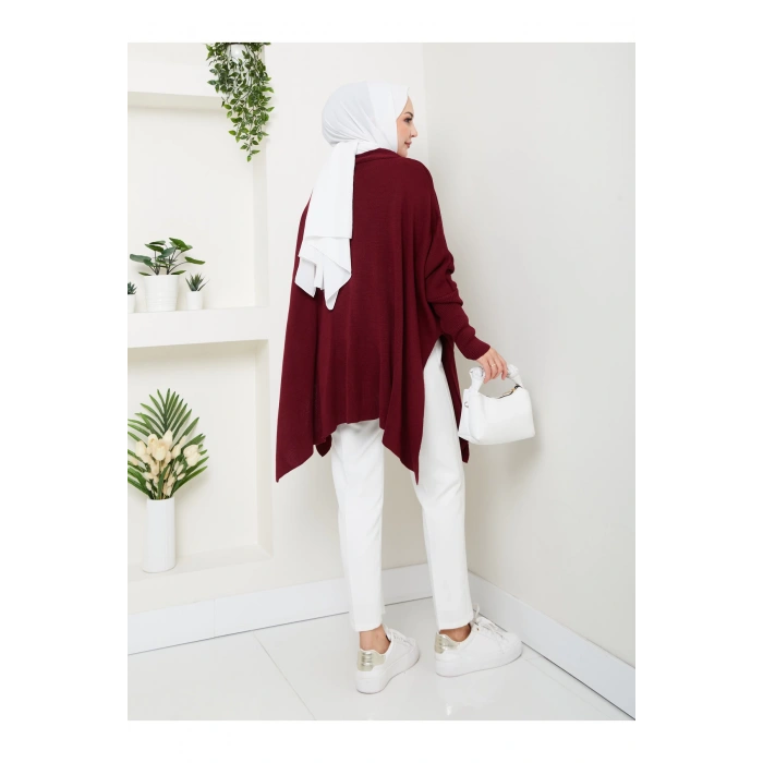 KADIN TESETTÜR TRİKO OVERSİZE KAZAK YANLARI YIRTMAÇLI BORDO