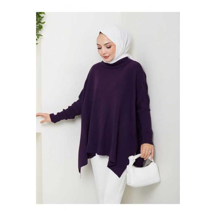 KADIN TESETTÜR TRİKO OVERSİZE KAZAK YANLARI YIRTMAÇLI MOR