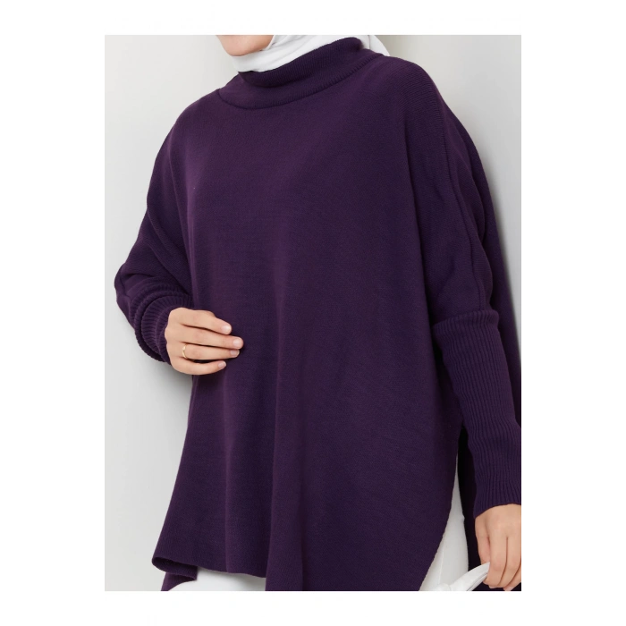 KADIN TESETTÜR TRİKO OVERSİZE KAZAK YANLARI YIRTMAÇLI MOR