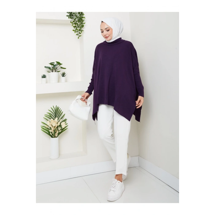 KADIN TESETTÜR TRİKO OVERSİZE KAZAK YANLARI YIRTMAÇLI MOR