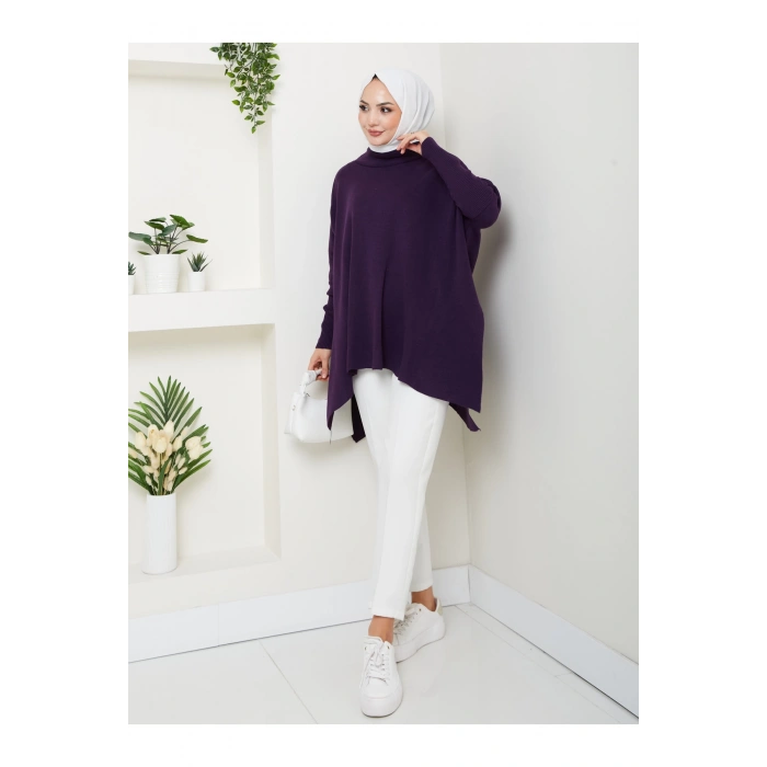KADIN TESETTÜR TRİKO OVERSİZE KAZAK YANLARI YIRTMAÇLI MOR