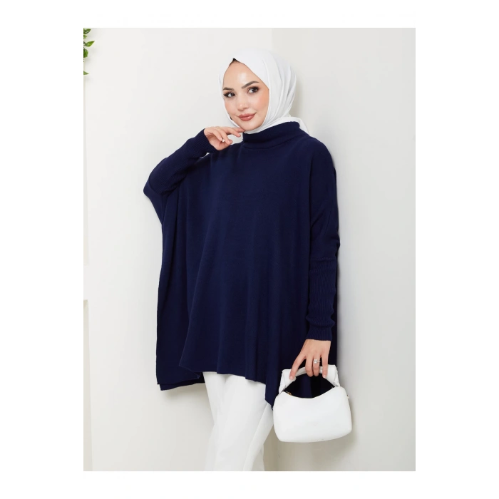 KADIN TESETTÜR TRİKO OVERSİZE KAZAK YANLARI YIRTMAÇLI LACİVERT