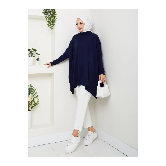 KADIN TESETTÜR TRİKO OVERSİZE KAZAK YANLARI YIRTMAÇLI LACİVERT