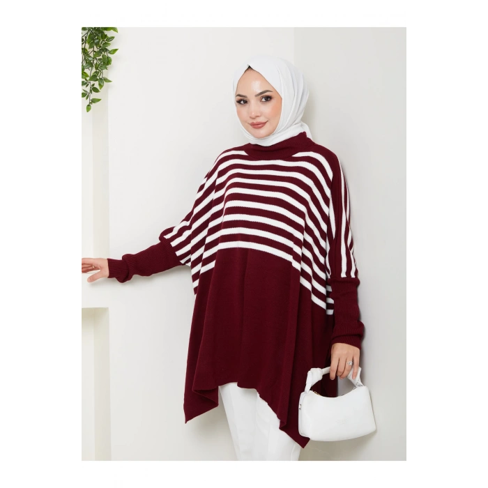 KADIN TESETTÜR ÇİZGİLİ DESENLİ TRİKO OVERSİZE KAZAK YANLARI YIRTMAÇLI BORDO