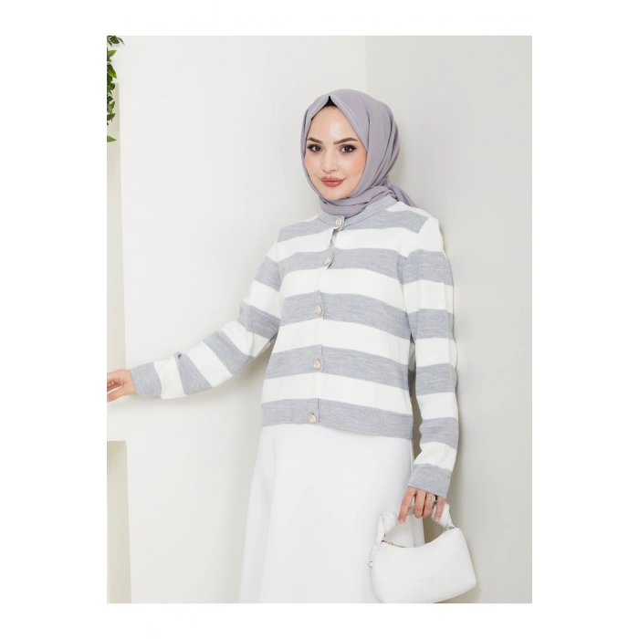 KADIN GRİ KREM ÇİZGİLİ HIRKA GOLD DÜĞMELİ TRİKO HIRKA