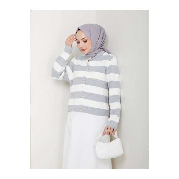 KADIN GRİ KREM ÇİZGİLİ HIRKA GOLD DÜĞMELİ TRİKO HIRKA