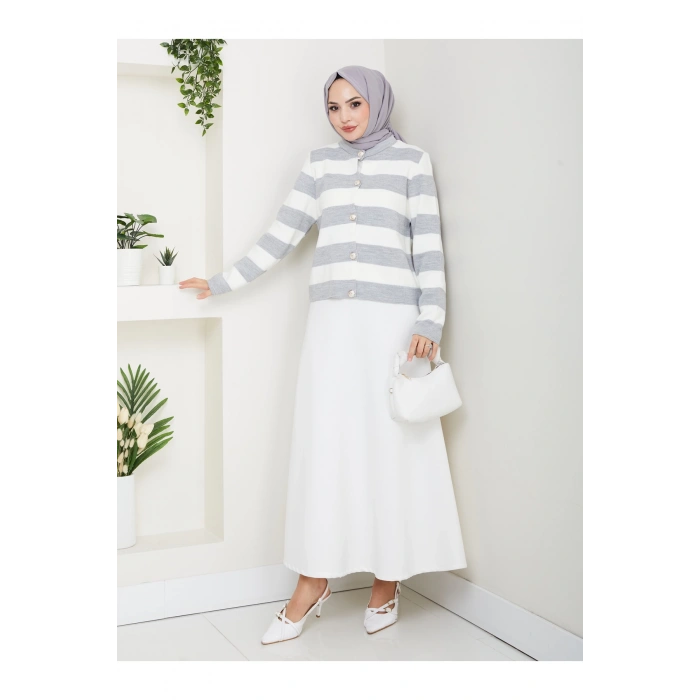 KADIN GRİ KREM ÇİZGİLİ HIRKA GOLD DÜĞMELİ TRİKO HIRKA