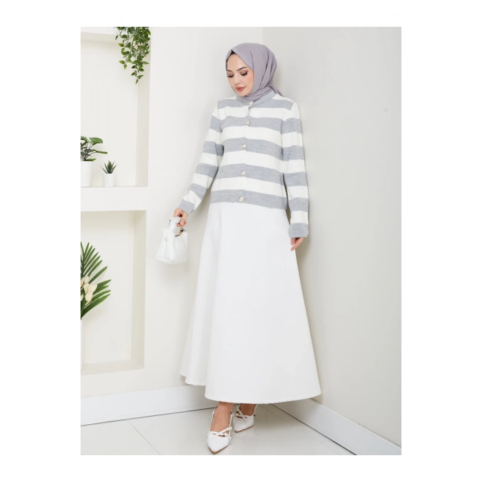 KADIN GRİ KREM ÇİZGİLİ HIRKA GOLD DÜĞMELİ TRİKO HIRKA