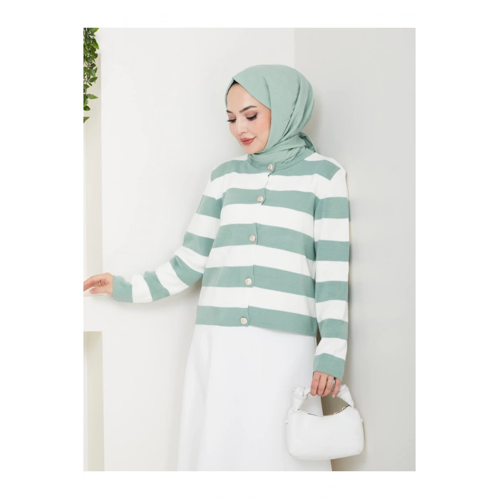 KADIN MİNT KREM ÇİZGİLİ HIRKA GOLD DÜĞMELİ TRİKO HIRKA