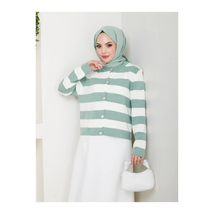 KADIN MİNT KREM ÇİZGİLİ HIRKA GOLD DÜĞMELİ TRİKO HIRKA