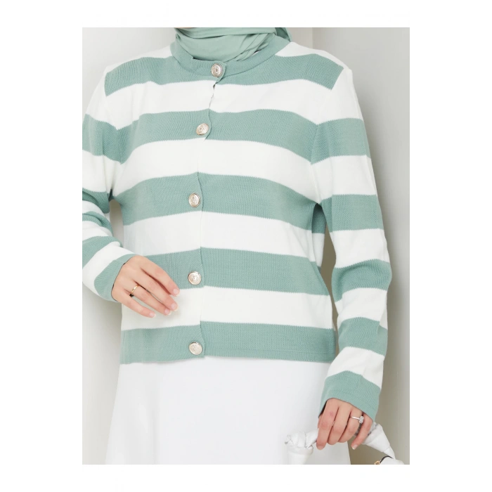 KADIN MİNT KREM ÇİZGİLİ HIRKA GOLD DÜĞMELİ TRİKO HIRKA