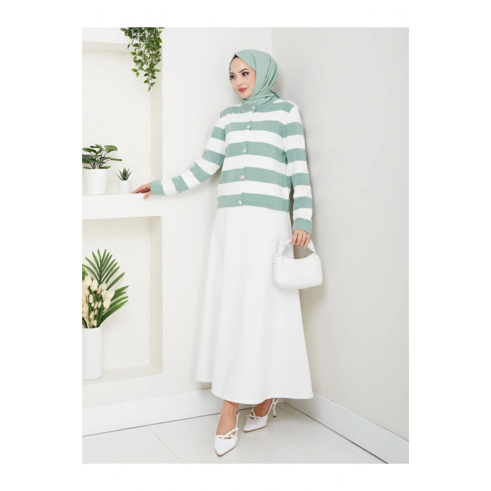 KADIN MİNT KREM ÇİZGİLİ HIRKA GOLD DÜĞMELİ TRİKO HIRKA