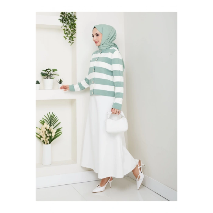 KADIN MİNT KREM ÇİZGİLİ HIRKA GOLD DÜĞMELİ TRİKO HIRKA