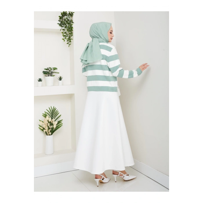 KADIN MİNT KREM ÇİZGİLİ HIRKA GOLD DÜĞMELİ TRİKO HIRKA