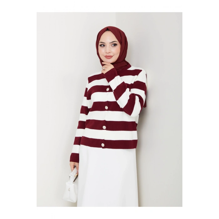 KADIN BORDO KREM ÇİZGİLİ HIRKA GOLD DÜĞMELİ TRİKO HIRKA