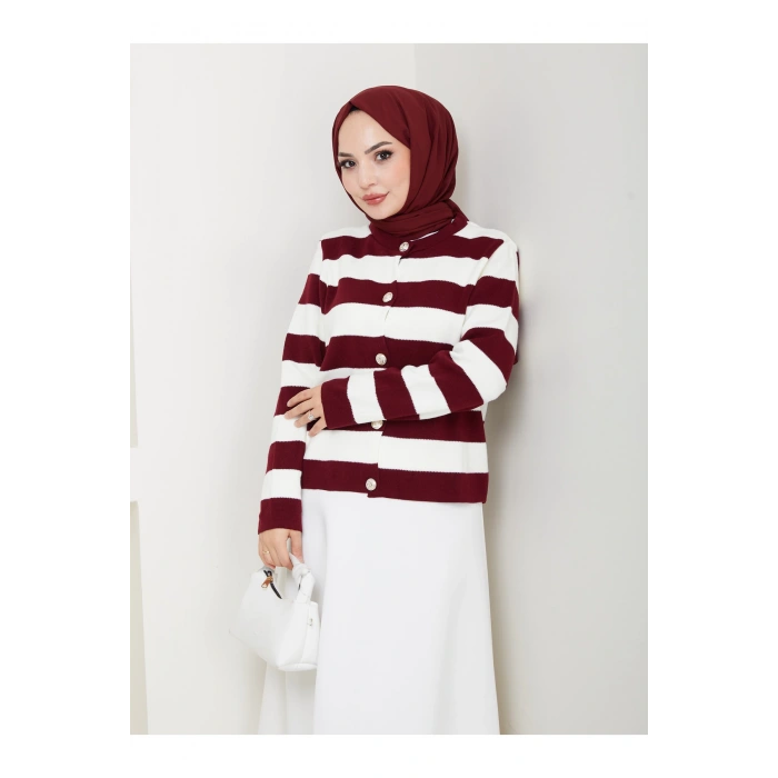 KADIN BORDO KREM ÇİZGİLİ HIRKA GOLD DÜĞMELİ TRİKO HIRKA