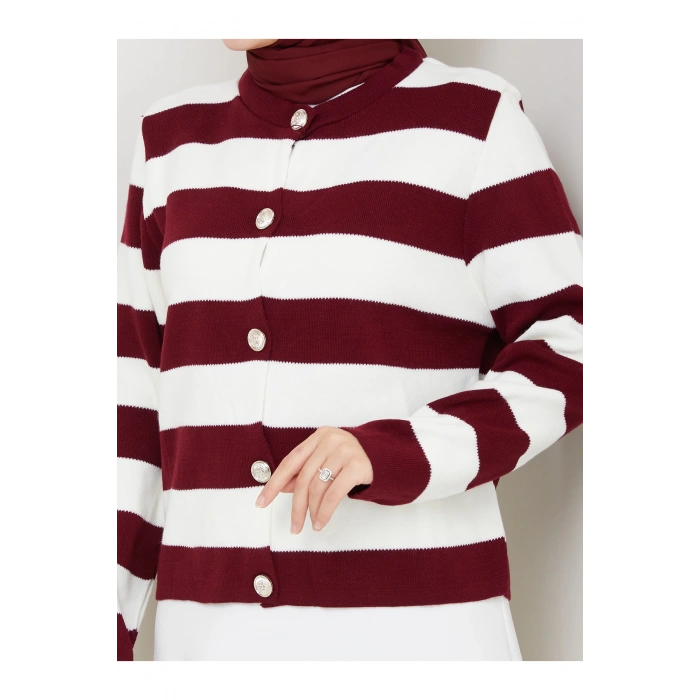 KADIN BORDO KREM ÇİZGİLİ HIRKA GOLD DÜĞMELİ TRİKO HIRKA