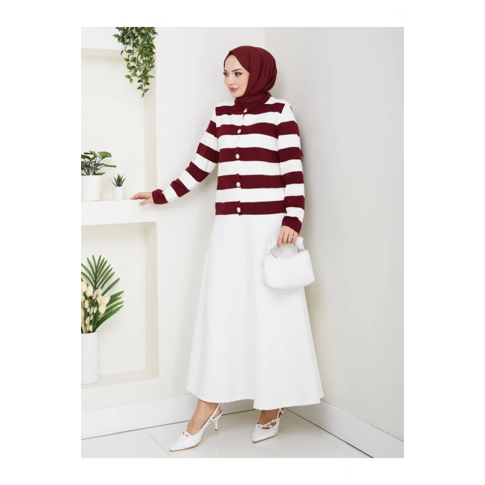 KADIN BORDO KREM ÇİZGİLİ HIRKA GOLD DÜĞMELİ TRİKO HIRKA
