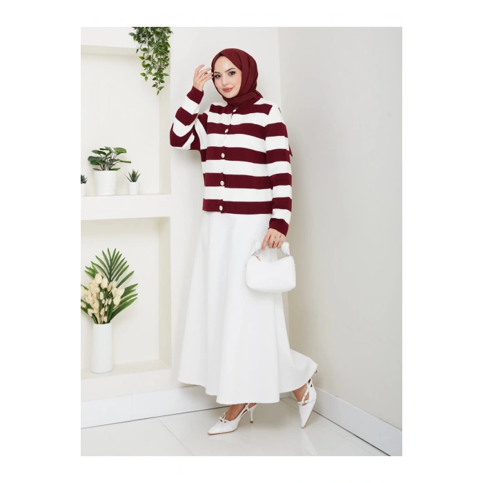 KADIN BORDO KREM ÇİZGİLİ HIRKA GOLD DÜĞMELİ TRİKO HIRKA