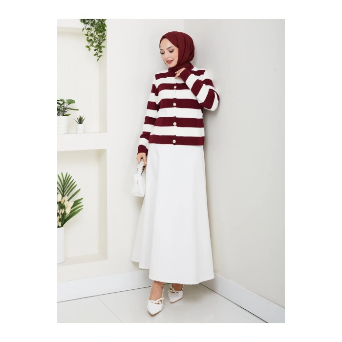 KADIN BORDO KREM ÇİZGİLİ HIRKA GOLD DÜĞMELİ TRİKO HIRKA