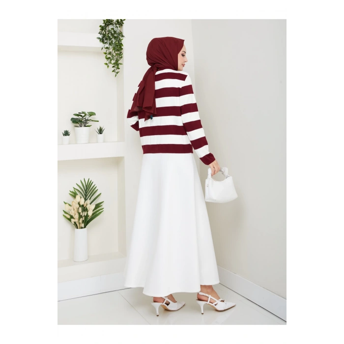 KADIN BORDO KREM ÇİZGİLİ HIRKA GOLD DÜĞMELİ TRİKO HIRKA