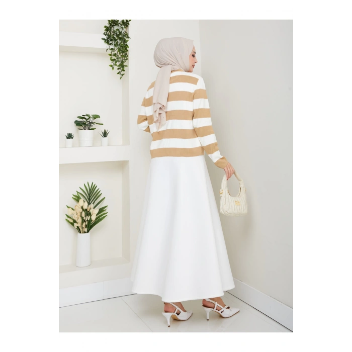 KADIN BEJ KREM ÇİZGİLİ HIRKA GOLD DÜĞMELİ TRİKO HIRKA