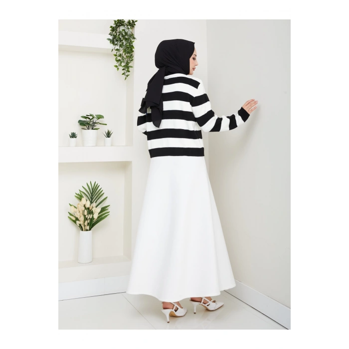 KADIN SİYAH KREM ÇİZGİLİ HIRKA GOLD DÜĞMELİ TRİKO HIRKA