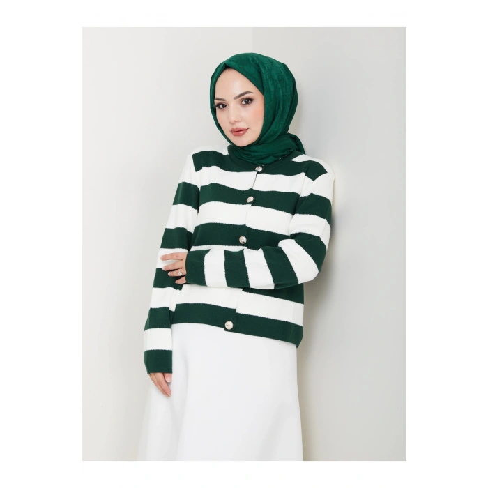 KADIN ZÜMRÜT KREM ÇİZGİLİ HIRKA GOLD DÜĞMELİ TRİKO HIRKA